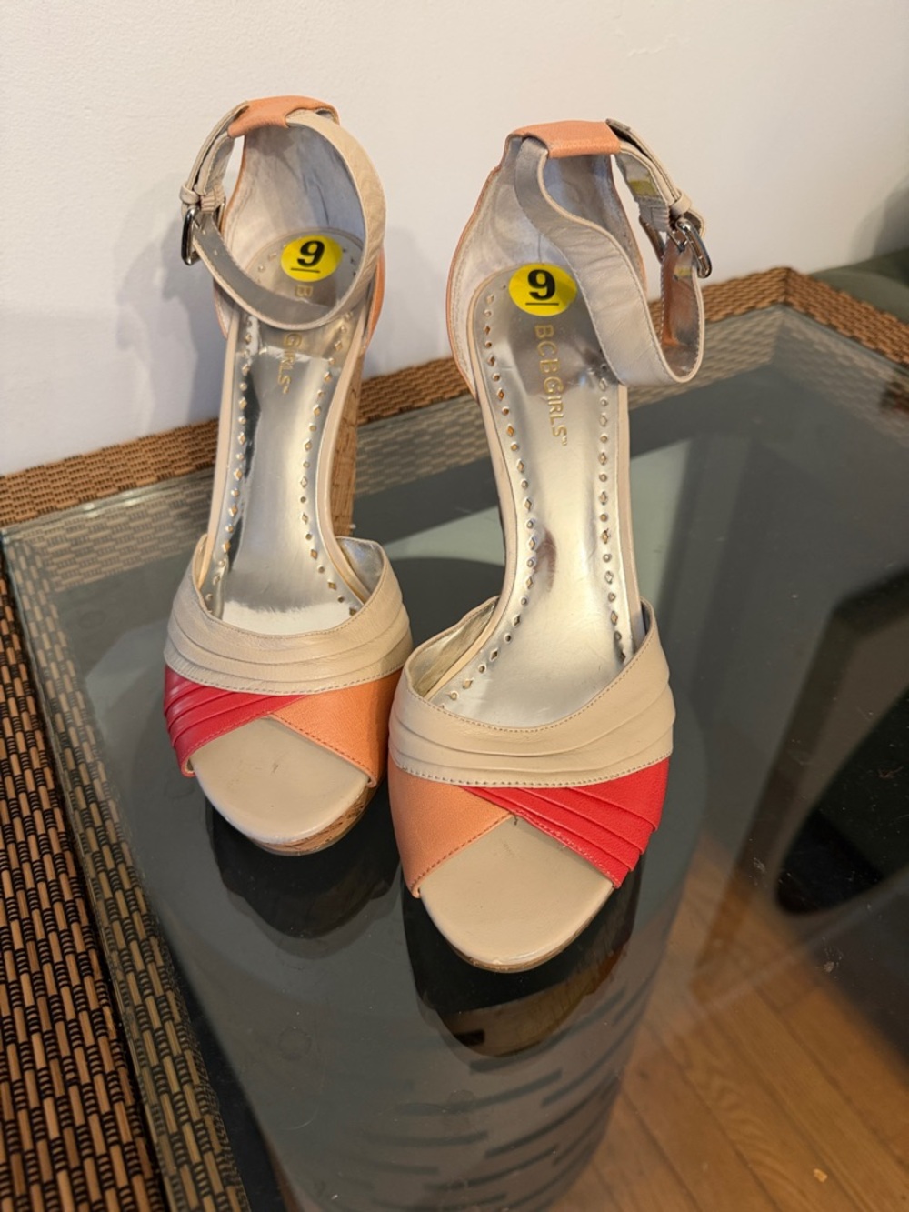 BCBGirls Colorblock Ankle-Strap Heels in Beige, Coral, Red